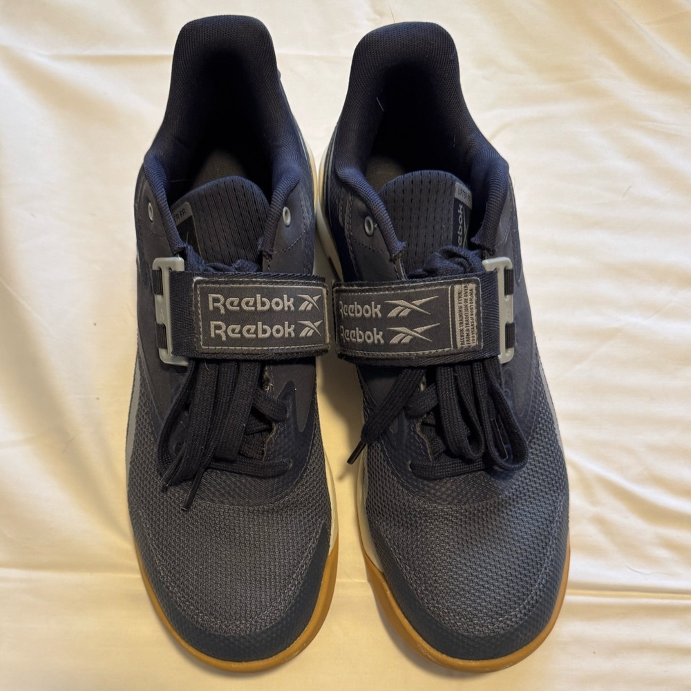 Reebok Dark Blue Weightlifting Shoes with Light Brown and White Sole